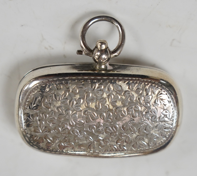 A George V engraved silver sovereign/half sovereign case, Birmingham 1910, 50mm. Condition - fair